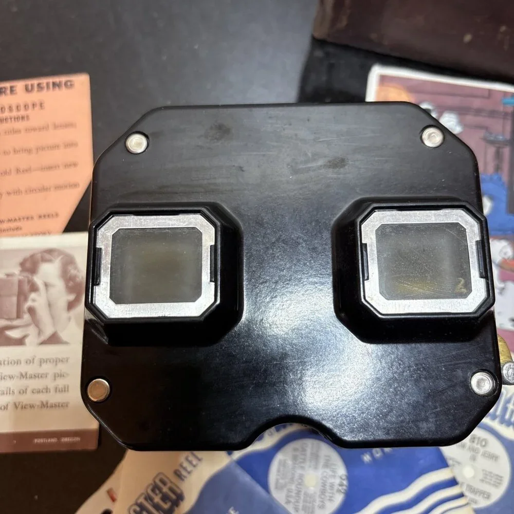 View Master Stereoscope Lot w Storage Box 4 Reels 1950s Vintage Bakelite Sawyers